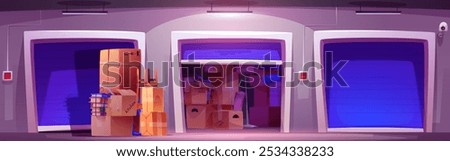 Home stuff in cardboard boxes near and inside of self storage container with blue gate. Cartoon vector storehouse space with pile of personal belongings in carton packages. Storage of things in garage