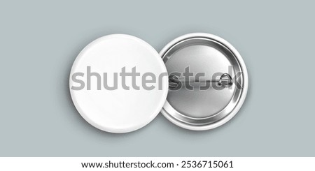 White blank pin button mockup. Round badge vector. 3d metal circle promotional brooch mock up design with shadow. Clean tag top and bottom for campaign advertising. Member name label space frame