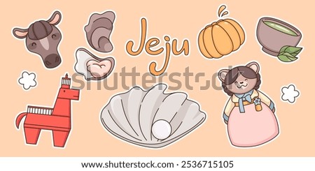 Korea Jeju island landmark vector illustration. South Korean food, flower and tangerine cute drawing. Tourism symbol and attraction design. Isolated simple lighthouse, dol and cow graphic set.