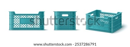 Turquoise plastic crate box. Fruit vegetable empty basket for storage. Market container for food packaging and delivery in supermarket. Cargo warehouse tray for farming grocery transportation mockup