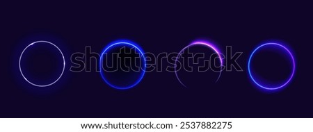 Solar eclipse circles showing moon covering sun on dark background. Glowing purple neon rings with bright luminous effects capture celestial phenomenon. Radiant circular shapes of astronomical event.