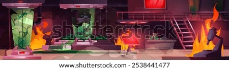 Damaged spacecraft laboratory in fire flames spreads near scientific equipment, emergency lights glow red, broken test tubes spill glowing substances, experimental plants in cracked containers.