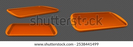 Orange plastic serving trays with textured non slip surface from different angles of view. Rectangular cafeteria food containers mockup with raised edges and pattern on base for carrying lunch.