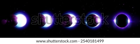 Moon phases gradually cover solar disc. Celestial eclipse progression on starlit background. Luminous sun creates glowing corona effect. Realistic 3d natural phenomenon in five sequential stages.