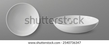 3d white empty plate for soup. Ceramic bowl vector. Realistic round porcelain salad serving tableware mockup for restaurant. Clean crockery isolated on transparent background. Deep glass dinnerware