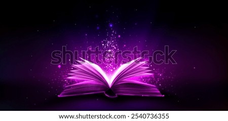 Open magic book radiating bright pink light with sparkling particles rising upward on dark background. Glowing pages spread enchanted illumination through starry space. Realistic fantasy literature.