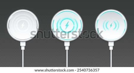 Wireless smartphone battery charger with fast sign icon. Phone power charge with energy pad device mockup on cable. 3d magnet gadget accessory concept top view. Electricity voltage dock isolated