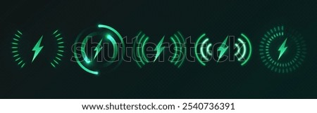 Neon green wireless charging icons set on dark background. Glowing symbols with lightning bolts and different circle pictograms. Mobile battery charger tech application indicators interface design.