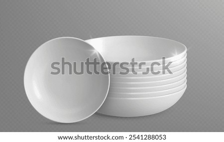 Stack of deep soup or salad porcelain bowls with one standing on side. Clean shiny white ceramic tableware. Realistic 3d vector mockup set of clean serving food utensil with smooth surfaces.