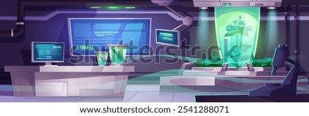 Sci-fi laboratory inside spacecraft with monitors displaying data, glowing green capsules with experimental plants. Futuristic workstation with research tools. Modern equipment for botanical studies.