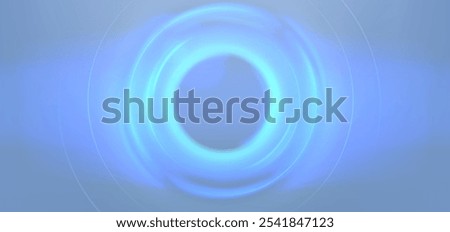 Luminous concentric circles around sphere with blue neon light. Flare radiates from central round frame with glow effect. Abstract mystical portal or energy pulse background for tech presentations.