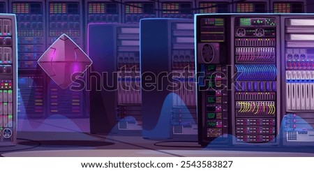 Futuristic data center server room interior with neon glowing equipment. Purple environment with geometric robot shape floating among racks with illuminated monitor displays, cooling system and cables