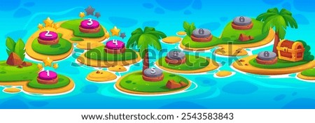 Game levels map with floating tropical islands in sea or ocean water with sand and green grass, palm trees with coconuts, brown rocks and wooden chest. Locked and open stages with star rating.