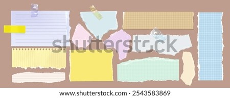 Collection of torn paper pieces with different patterns - lined, dotted, gridded and blank sheets in pastel colors. Adhesive tape fragments attach some scraps for scrapbooking or newspaper designs.