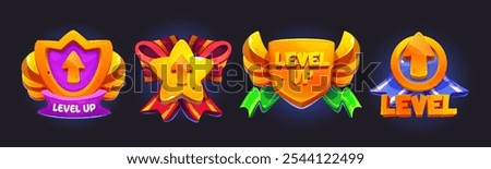 Level up game badges set isolated on black background. Vector cartoon illustration of shield, star, round golden medal shape awards decorated with color ribbons, progress button for gaming design