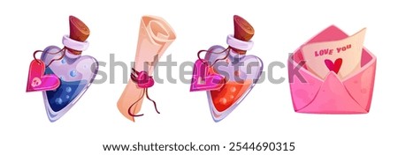 Magical romantic items set - heart shaped potion bottles filled with liquid, sealed parchment scroll tied with ribbon, pink envelope with love message on card. Valentine Day designs or game elements.