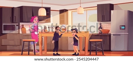 Cute happy children and mother in kitchen. Smiling girl and boy kids eat gummy bear candies. Cartoon vector family in home cooking room interior. Brother and sister or friends with jelly dessert.