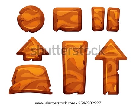 Wooden buttons and arrows for game interface set isolated on white background. Vector cartoon illustration of play, stop, pause signs, square, round, rectangular wood board, gaming app design elements