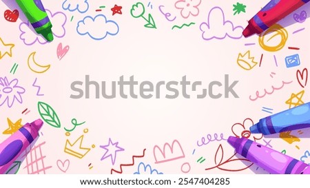 Playful kindergarten background with scattered doodles drawn by colorful crayons and painting tools. Educational supplies for creative learning environment design. Childlike border with kids pictures.