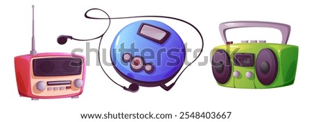 Retro music devices - red compact radio receiver with antenna, blue portable CD player with earphones, bright lime cassette boombox with stereo speakers. Nostalgic gadgets from 90s entertainment era.