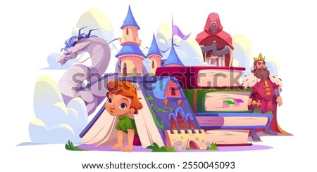 Kid read open tale book with magic story cartoon. Fantasy school storybook about castle, knight and king. Medieval legend about dragon for boy isolated graphic design. Child imagination with creature