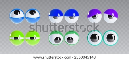 Googly eyes set isolated on transparent background. Vector realistic illustration of comic character eyeballs with color eyelids, cute mascot looking up, down, surprised, angry, tired, sleepy, scared