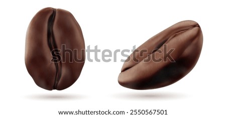 Realistic 3d coffee beans showing front and angled views. Floating brown fresh roasted grain with detailed texture and center groove with subtle shadows for package design or beverage marketing.