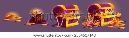 Growing gold and diamond treasure pile. Cartoon game assets of gems and coins stack, bag and old wooden chest full and overflowing. Fantasy adventure and pirate themed wealth element progress steps.