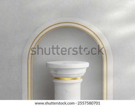 Product promotion podium setting with white marble Greek traditional column with arch niche in wall, golden details and shadow. Realistic 3d vector antique pillar pedestal for cosmetic showcase.