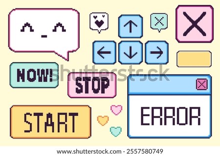 Pixel game interface elements set - navigation arrows, start buttons, error message, speech bubble with kawaii face, pixel hearts and control panels. Retro 90s gaming design and 8-bit projects.