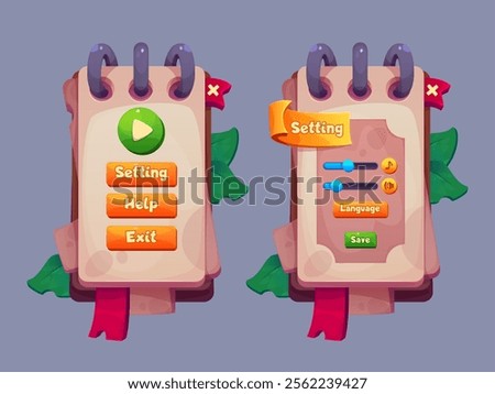 Game interface menu design with notepad style panels and leaves. Main screen displays play button, settings, help and exit options. Settings page with sound sliders, language selector and save button.