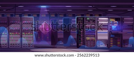 Data server center and cloud storage room interior. Computer network system and hardware equipment for backup security solution. Floating cube in database office with secure information advertising