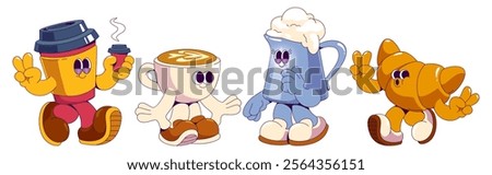 Groovy coffee character mascots set - disposable cup wearing boots showing peace sign gesture, ceramic mug with latte art surface, steaming jug filled with foam, croissant pastry making victory pose.