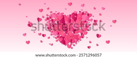 Layered heart mosaic pattern forming large romantic symbol on soft pink gradient background. Multiple scattered paper cut love shapes for Valentine day congratulation design. Romance wedding banner.