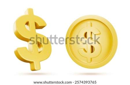 Gold 3d dollar symbol in currency sign and coin design with yellow metallic surface. Realistic financial floating icons with shadow for banking banner, economic presentation or casino win concept.