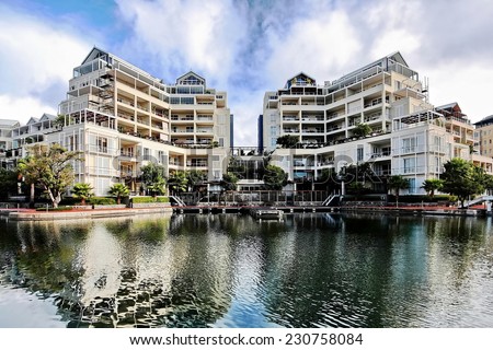 Luxury apartment complex overlooking a waterway