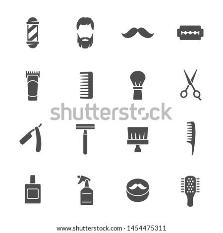 Barbershop equipment, tools, cosmetics vector icons