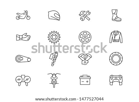 Editable stroke. Motorcycle repair parts and accessories thin line vector icon set