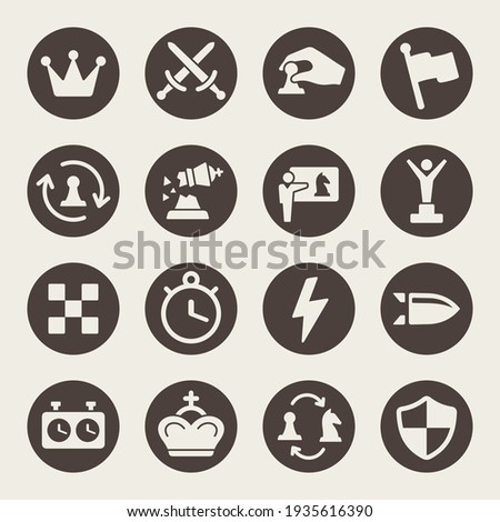 Chess vector icon set. Game, tournament, checkmate, learning, game clock, move, bullet, rapid, blitz and other chess symbols.