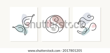 Spiritual symbols, meditation, yoga cards. Modern style artistic Om symbol, Yin Yang and fresh leaf. Continuous line pastel coloured vector illustration.