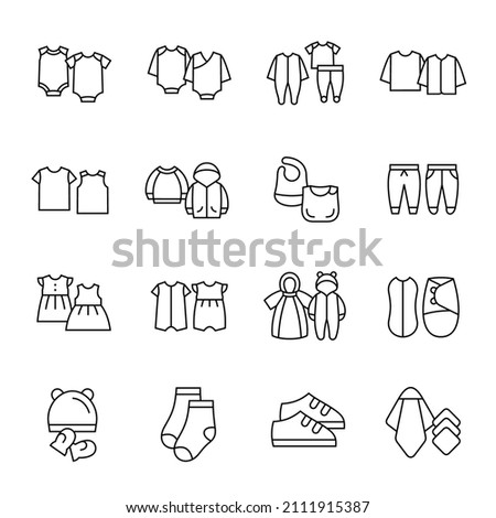 Baby clothes icons set. Bodysuits, coveralls, sleepwear, girl dresses, booties, t-shirts vector illustrations. Outline pictograms for children fashion store.