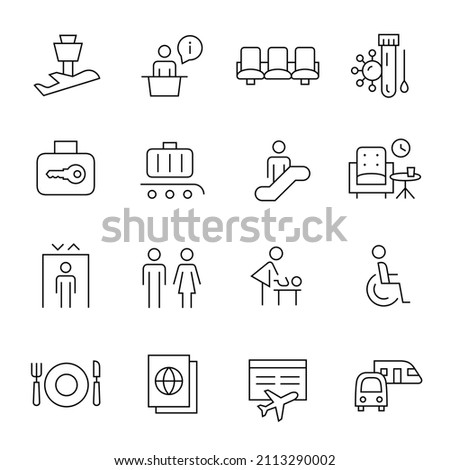 Airport line black icon set. Pictograms included baggage claim, business lounge, transportation, timetable, elevator, restaurant.