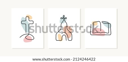 Christianity continuous line posters. Religious symbols cross, church and bible illustrations. Foto stock © 