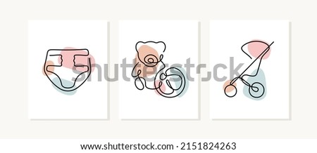 Baby goods continuous line posters. Diapers, toys, baby stroller pastel coloured illustrations.