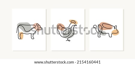 Farm animals continuous line posters. Cow, chicken, pig illustrations.