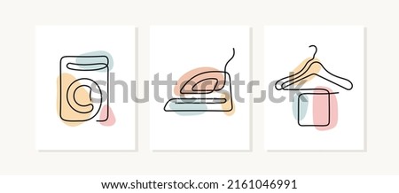 Laundry continuous line posters. Washing machine, iron, hanger illustrations.