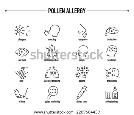 Pollen allergy icon set. Line editable medical icons.