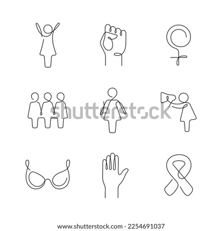 Feminism artistic style continuous line icons. Editable stroke.