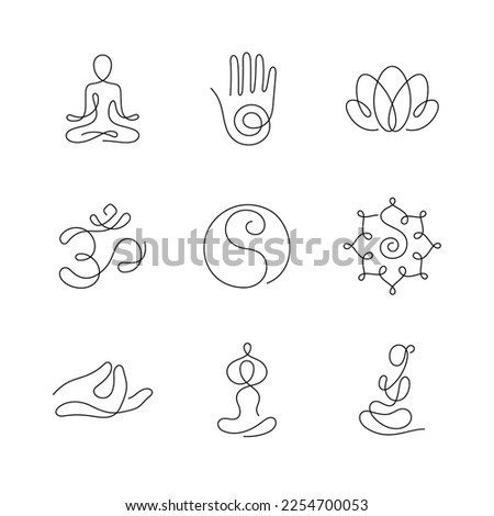 Esoteric artistic style continuous line icons. Yoga, meditation, spiritual illustration. Editable stroke.