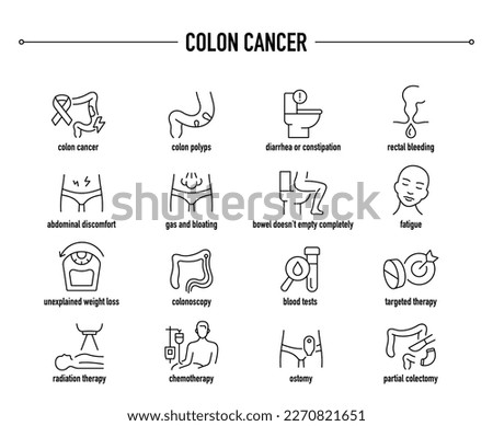 Colon Cancer symptoms, diagnostic and treatment vector icon set. Line editable medical icons.
